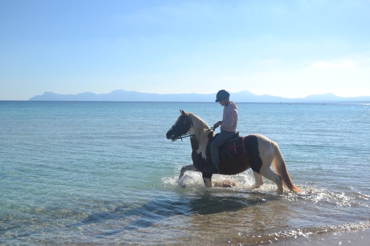 Person riding a horse in shallow ocean water with distant mountains visible.